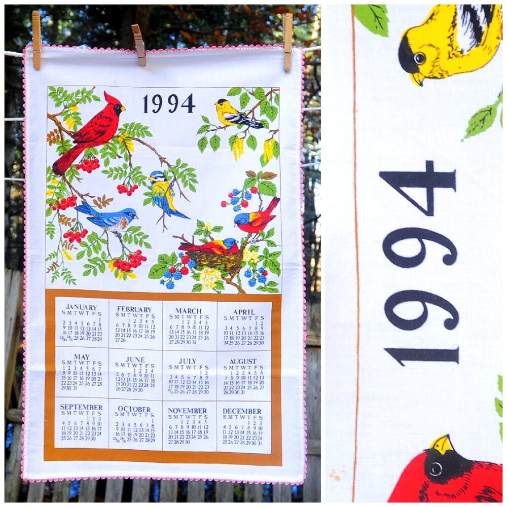 VTG 1994 Garden Songbirds on Berry Bushes Calendar Towel Crochet Edge Birthday